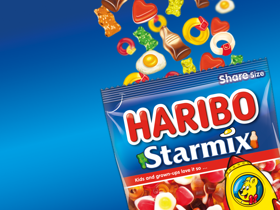 Bag of HARIBO Starmix and different gummi pieces