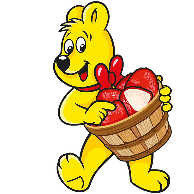 Illustration sachet Primavera Erdbeeren : ours HARIBO avec panier de fraises