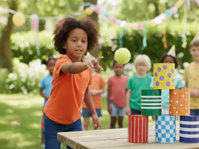 A kid aged 8 to 10 throwing a ball at colorful stacked cans during an outdoor can toss game, while other kids watch and cheer in the background decorated with streamers. The text '8 to 10 years' is displayed in large yellow letters on a blue background, pointing to birthday party games for 8 year olds, birthday party games for 9 year olds, and birthday party games for 10 year olds. This exciting outdoor birthday party game for kids promotes coordination and team spirit — a fantastic kids birthday party game idea for an active celebration in the garden.
