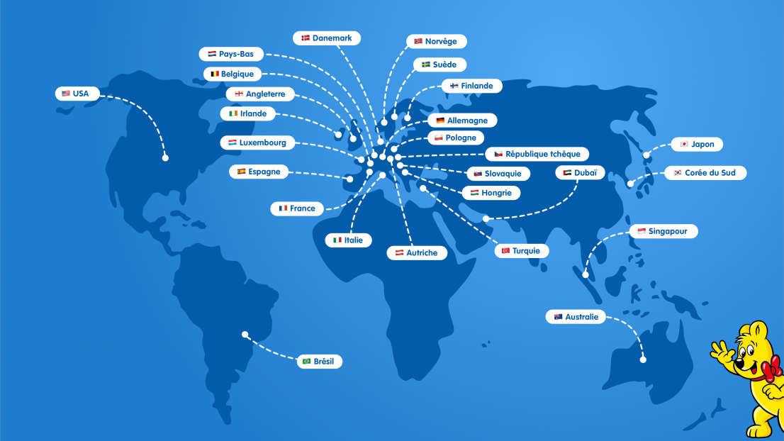 Carte illustrée avec toutes les succursales HARIBO dans le monde