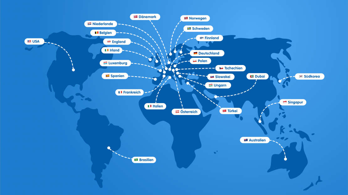 Weltkarte mit HARIBO Standorten auf blauem Hintergrund
