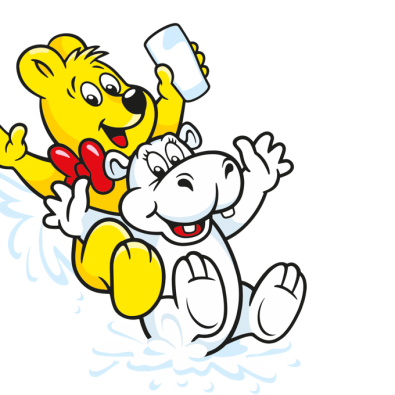 Illustration der Milpferde Beutel: weißes Nilpferd und HARIBO Bär mit Milchglas