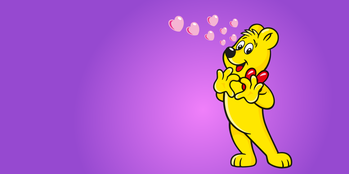 Illustration of the HARIBO goldbear in front of purple background with hearts