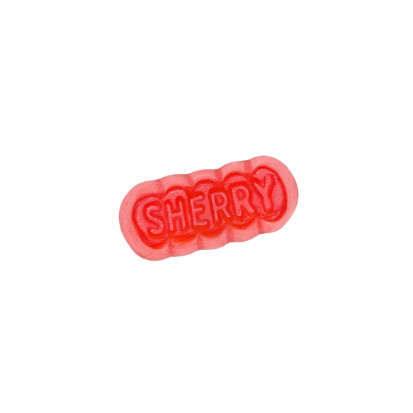 rotes Weingummi mit der Aufschrift "Sherry"