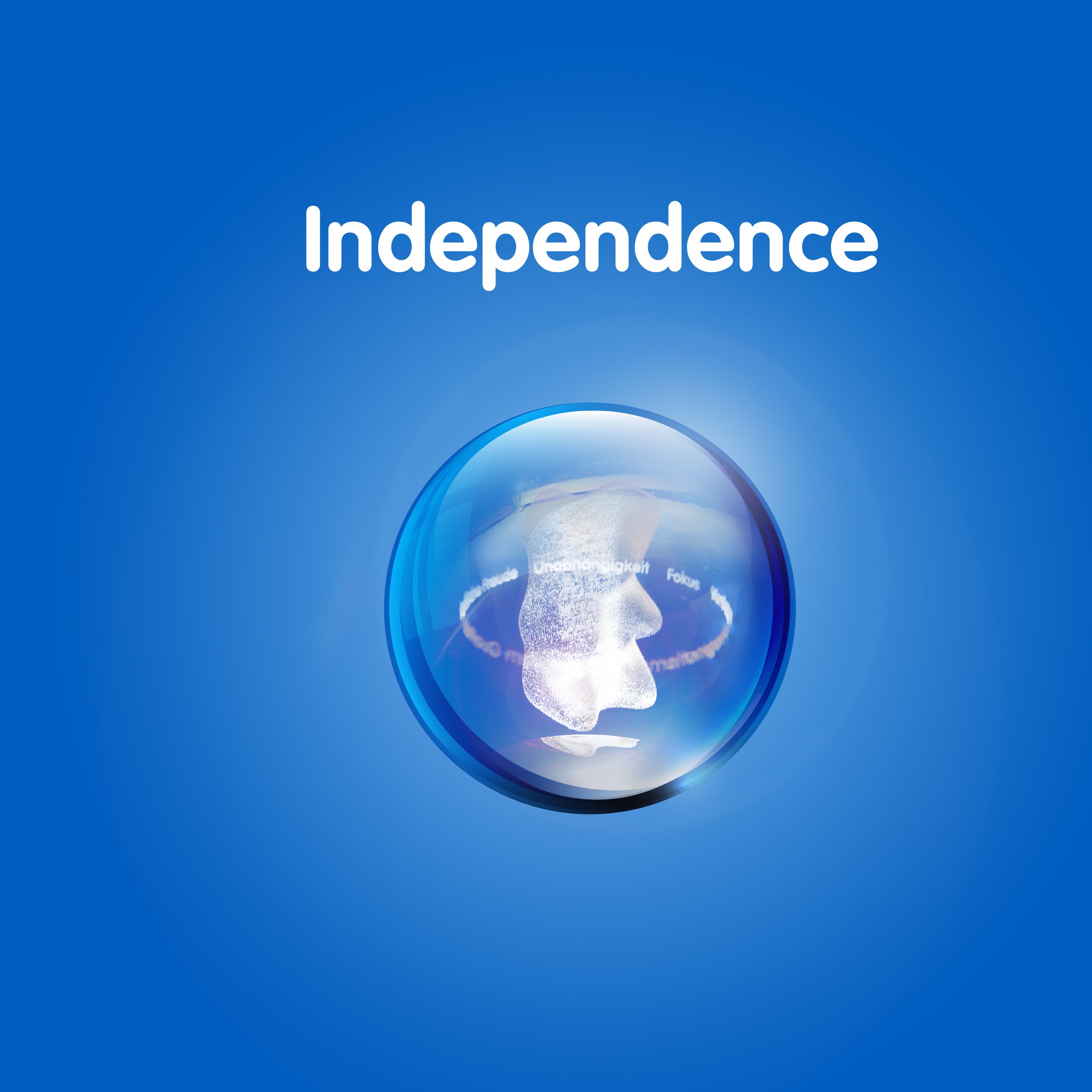 رسم محتو على دب ذهبي في كرة شفافة أمام خلفية زرقاء مع النص: "الاستقلالية"