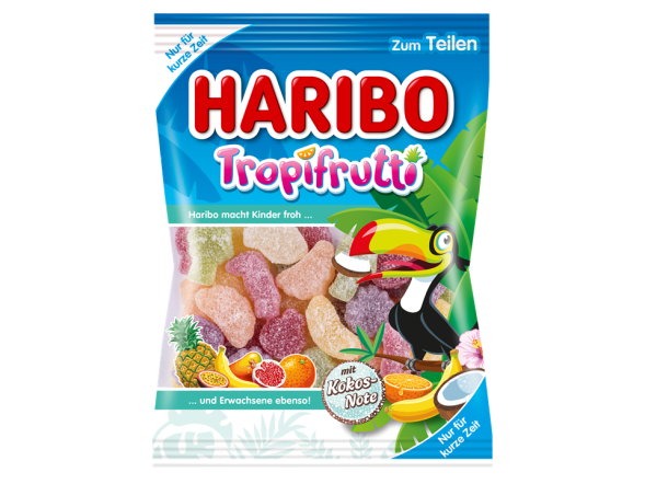 HARIBO Tropifrutti Beutel mit Kokos-Note.