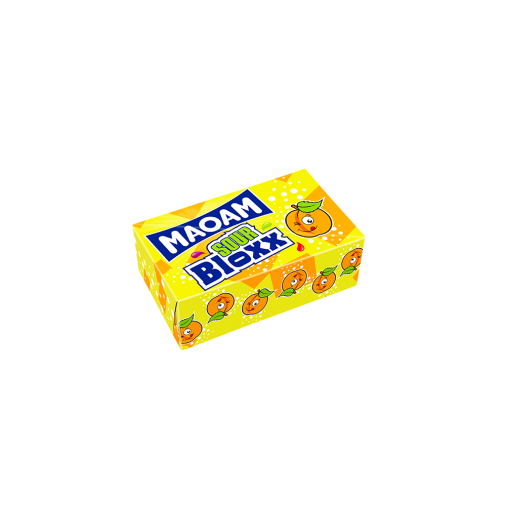 gelbe MAOAM Bloxx sour Packung mit illustrierten Pfirsichen