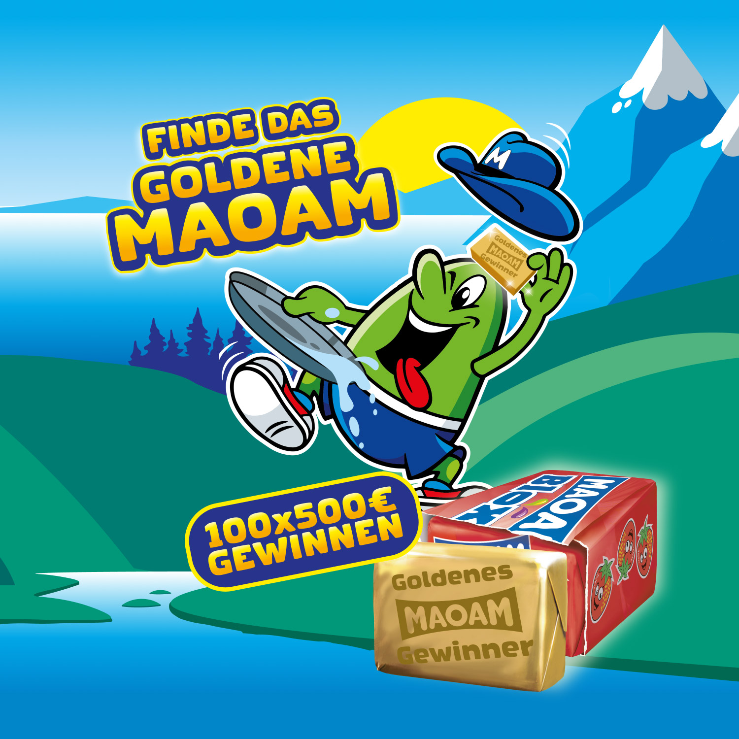 MAOAM Maskottchen springt und hält ein goldenes MAOAM in der Hand. Auf dem Bild ist der Schriftzug "Finde das Goldene MAOAM" zu sehen und "100x500€ gewinnen".