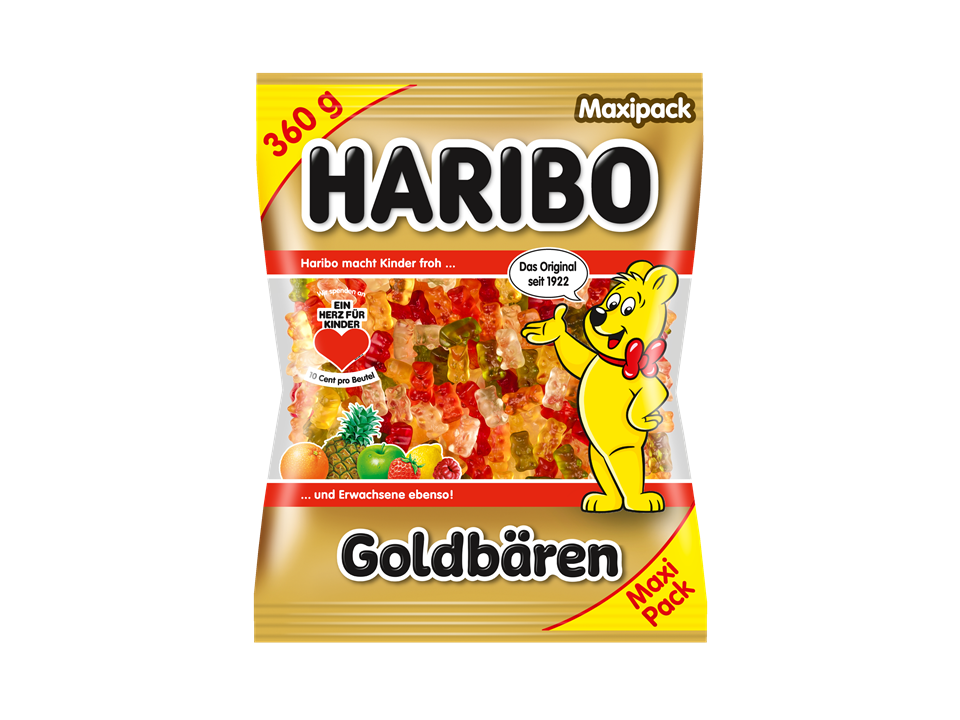 HARIBO Goldbären 360 Gramm Beutel mit Ein Herz für Kinder Aktion Sticker.
