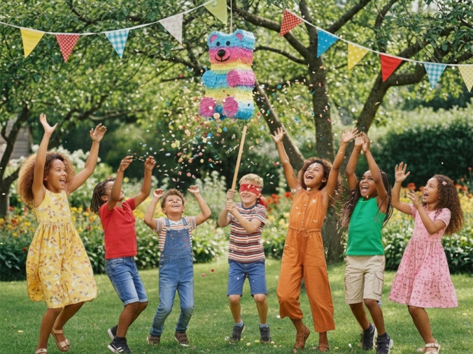 A group of excited kids aged 6 to 7 cheering and reaching up towards a colorful piñata bursting with confetti in a sunny garden decorated with bunting flags. The text '6 to 7 years' is displayed in large yellow letters on a blue background, highlighting outdoor birthday party games for 6 year olds and birthday party games for 7 year olds. This fun and active outdoor birthday party game for kids is a perfect kids birthday party game idea for younger school kids celebrating outside