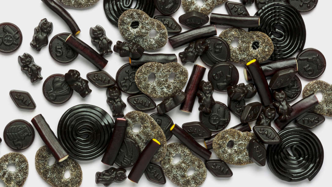 Liquorice in various shapes: sticks, coins, pretzels, wheels