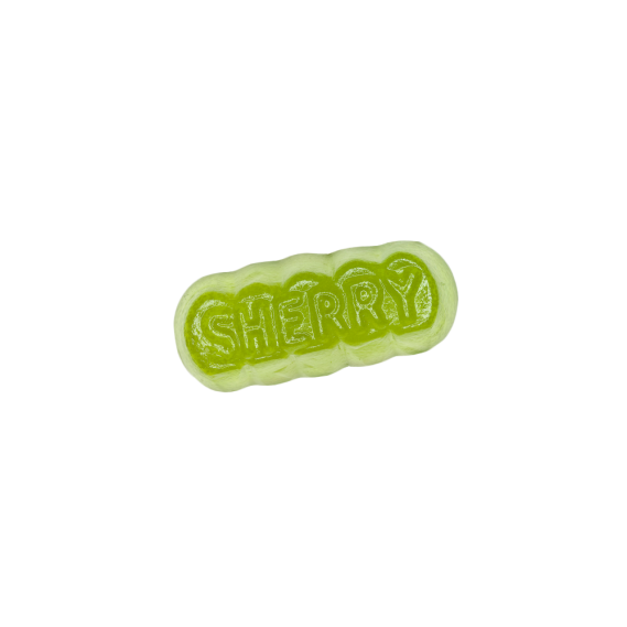 grünes Weingummi mit der Aufschrift "Sherry"