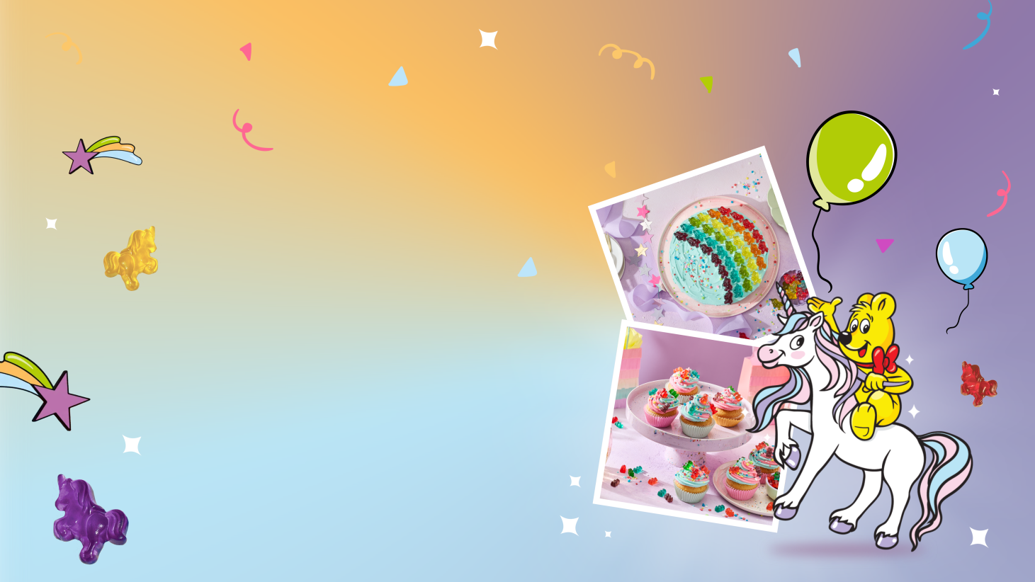 Unicorn party with HARIBO: Colourful pastel gradient background with confetti, shooting stars and balloons. There are two polaroid photos – a rainbow cake with Unicornlicious and colourful cupcakes on a plate. On the right, the HARIBO Goldbear riding a unicorn. Unicornlicious scattered around.