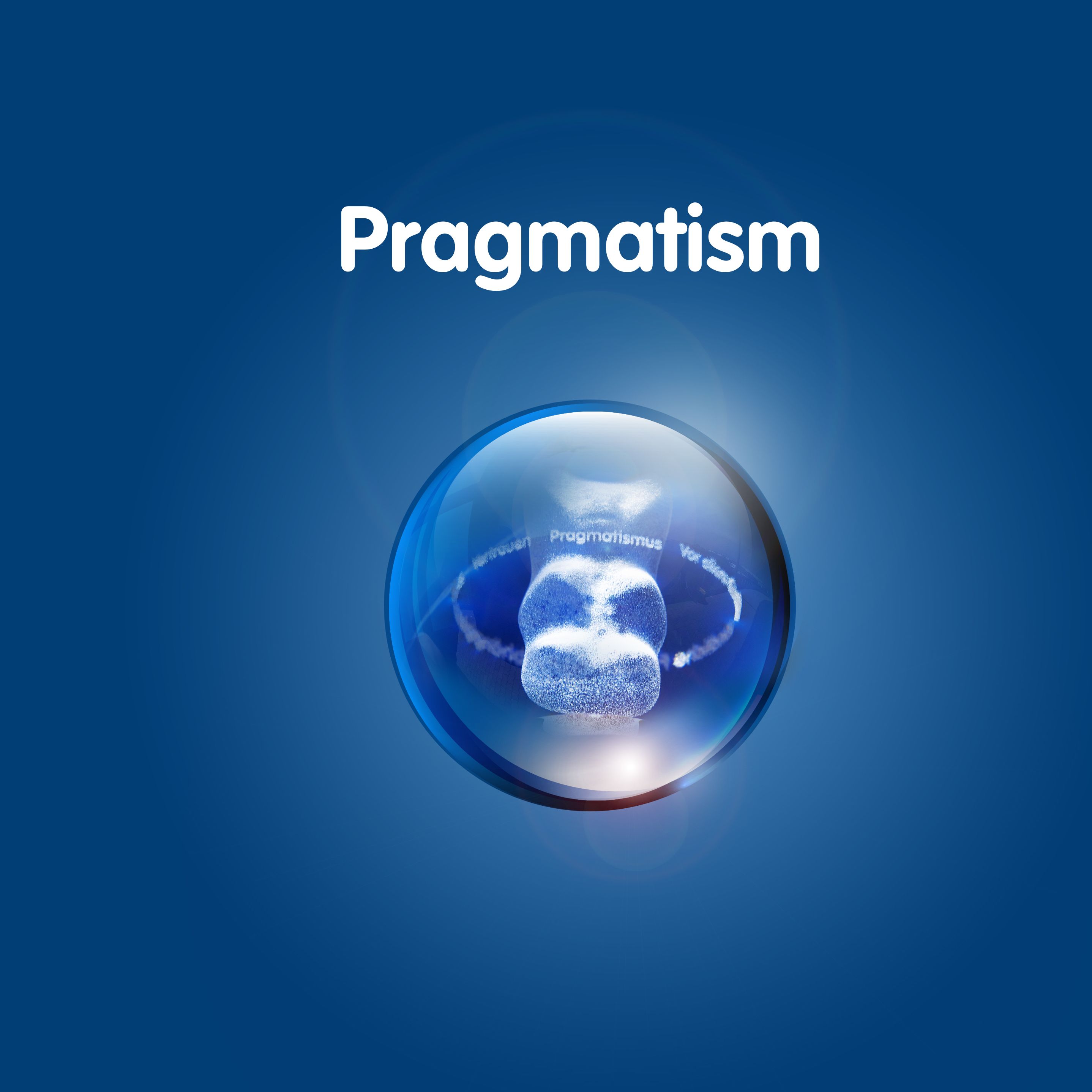 Graphic with Goldbear in transparent ball against dark-blue background with text: ‘Pragmatism’