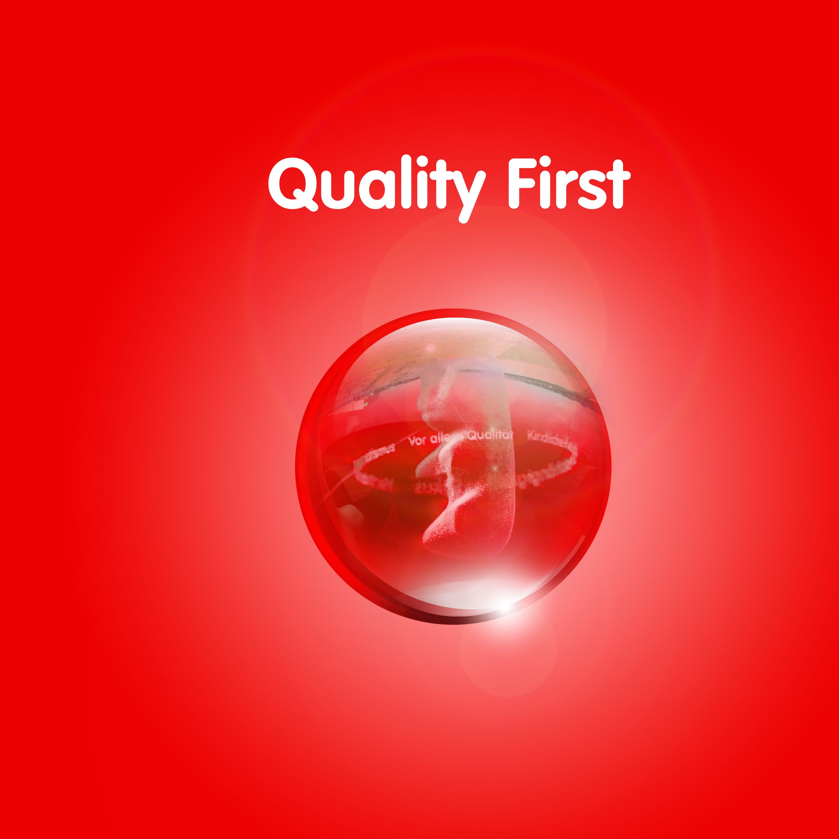 Graphic with Goldbear in transparent ball against red background with text: ‘Quality First’