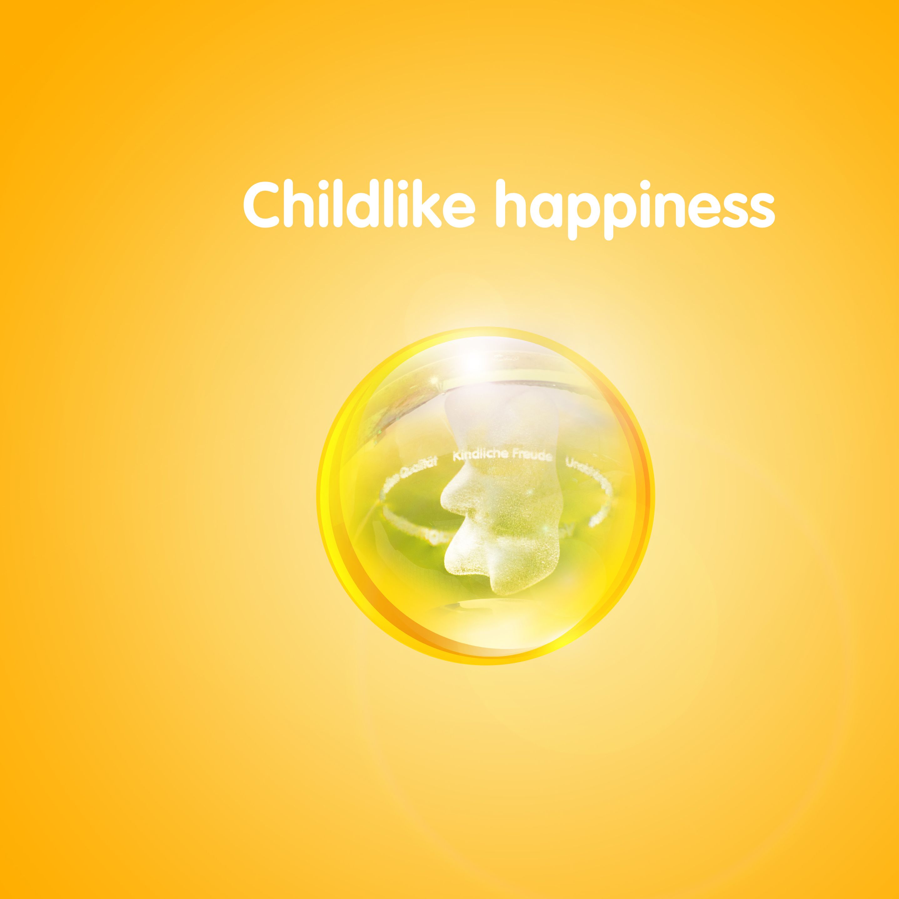 رسم محتو على دب ذهبي في كرة شفافة أمام خلفية صفراء مع النص: "السعادة الطفولية"