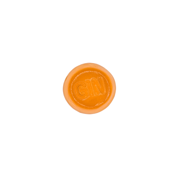 oranges Weingummi mit der Aufschrift "Gin"
