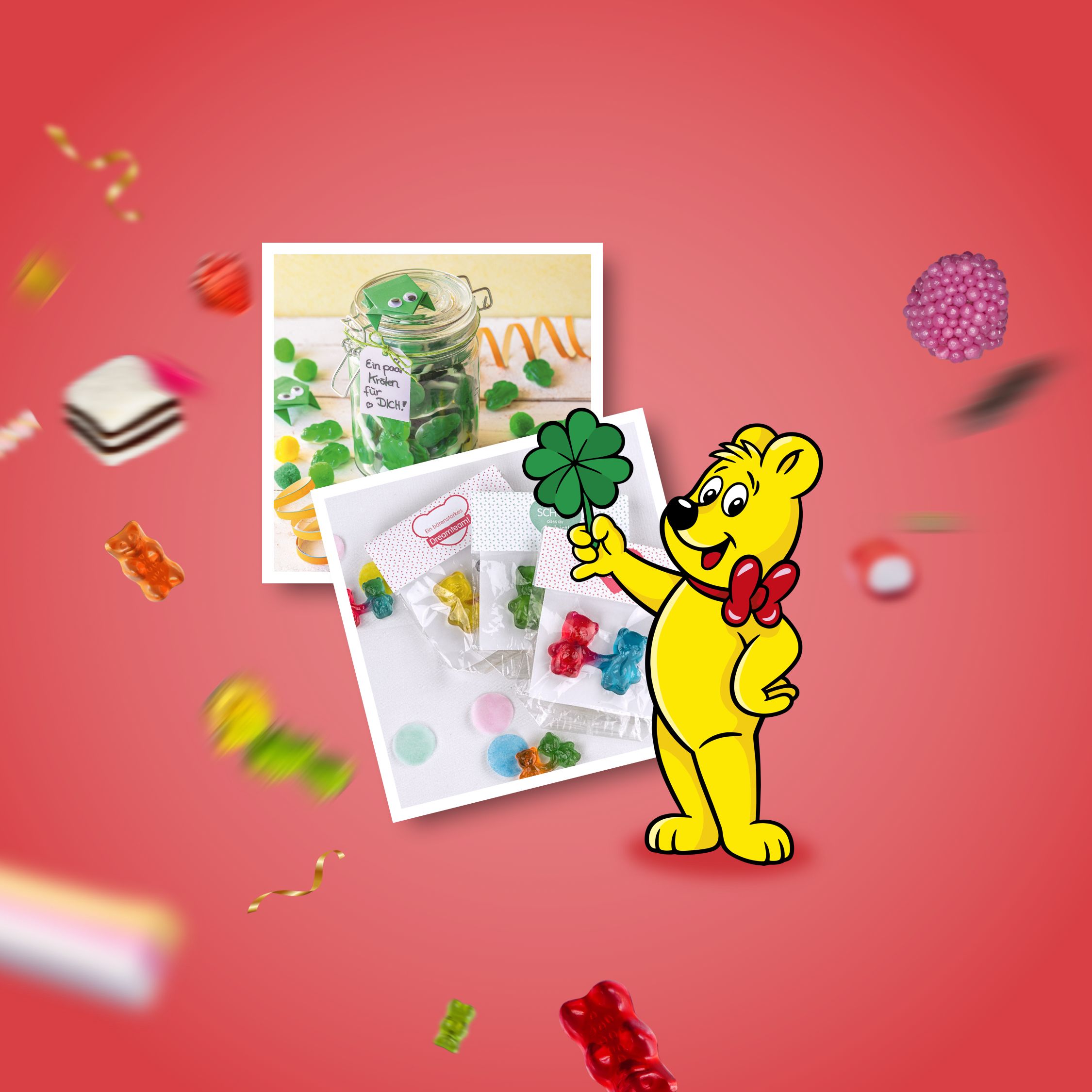 HARIBO Bastel- und Geschenkideen in Polaroids auf rotem Hintergrund und fliegenden Produktstücken