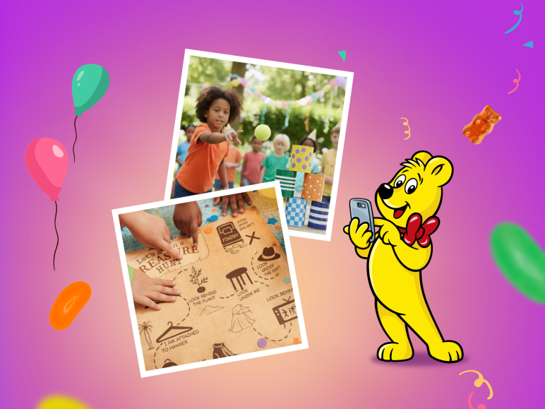 Ein ansprechender Webseite-Einstieg mit dem Titel "Die 12 schönsten Kindergeburtstags-Spiele für drinnen und draußen" von HARIBO. Im Hintergrund sind bunte Luftballons zu sehen, und es sind zwei Polaroid-Bilder zu sehen, eines zeigt Kinder beim Dosenwerfen und das andere eine spannende Schatzkarte. Das Bild richtet sich an alle, die eine Kindergeburtstagsparty planen und bietet hilfreiche Kinderspiel Geburtstag Ideen für Aktivitäten sowohl drinnen als auch draußen.