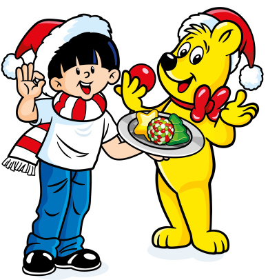 HARIBO Goldbär und Junge mit Weihnachtsmützen und Plätzchen