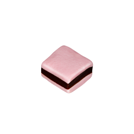 quadratisches 3-lagiges Stück aus rosa Konfektmasse mit Lakritz-Kern