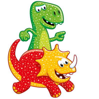 Illustration der Sauerier Dose: grüner und orange-roter Dinosaurier