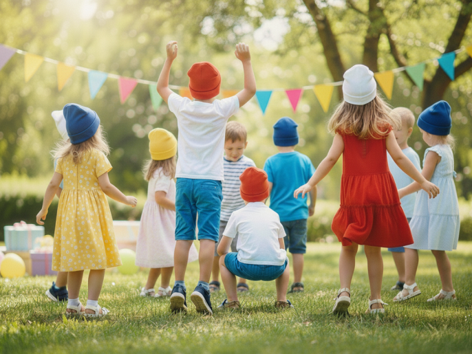 Kinder springen und tanzen auf einer Wiese zu einem Schlumpflied. Im Hintergrund liegen Luftballons und dekorative Geschenkkartons. Darüber hängt eine bunte Girlande.