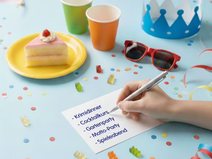 Eine Hand notiert auf einem weißen Blatt Ideen auf einem blauen Tisch, während ein Stück Kuchen und Trinkbecher im Hintergrund sichtbar sind. Der Text "Ideen Sammeln" in großen, blauen Buchstaben hebt das Konzept hervor, ideal für eine Geburtstagsparty oder Geburtstagsfeier. Der Raum bietet eine fröhliche Atmosphäre, perfekt für das Planen von Geburtstagsparty Ideen und kreativen Snacks.
