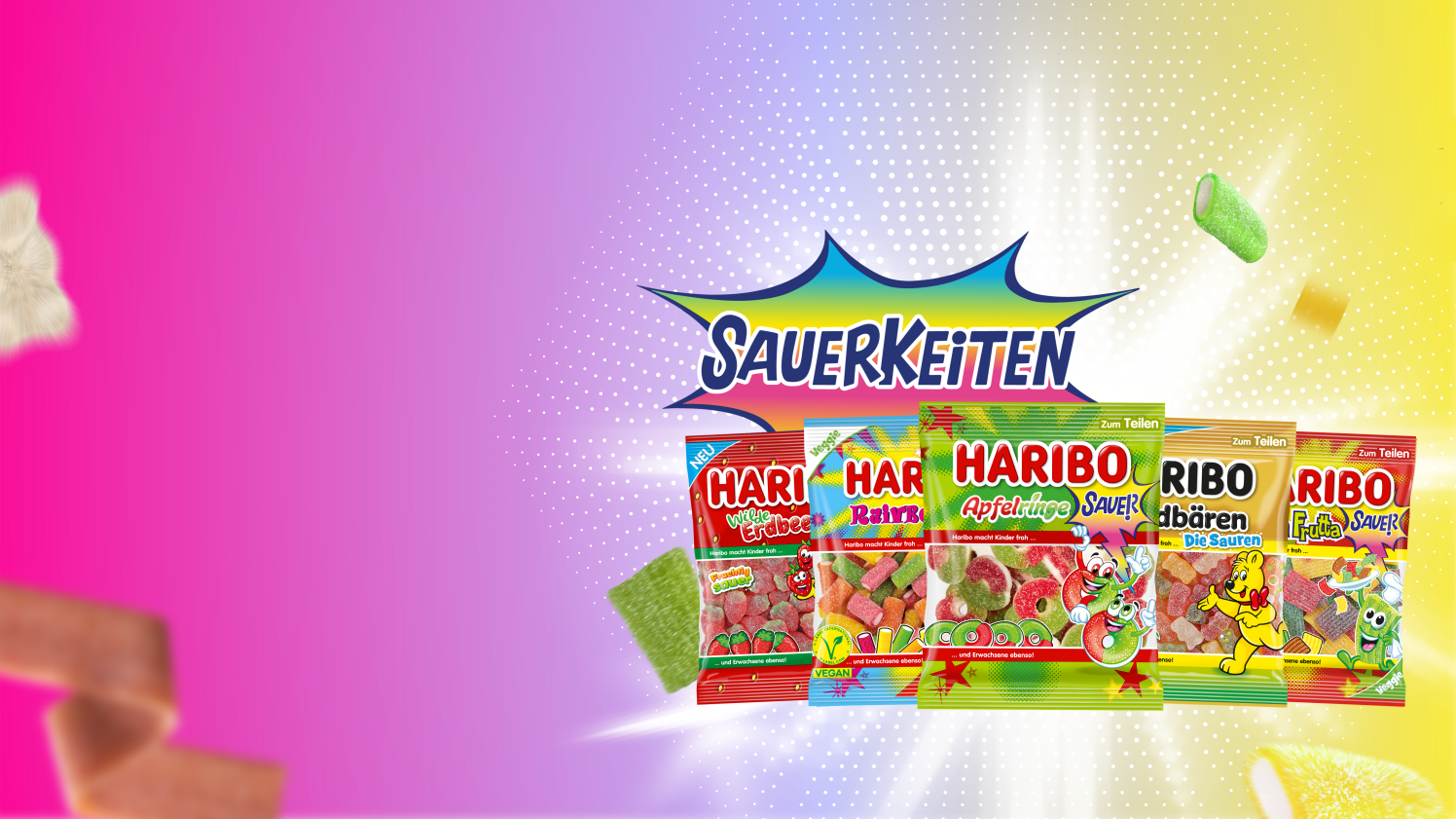 Produktbilder der Sauerkeiten: Wilde Erdbeeren, Rainbow Sauer, Apfelringe, Goldbären Die Sauren, Pasta Frutta