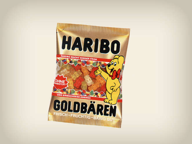 Goldbear packaging from 1989, featuring Goldbear with red bow tie