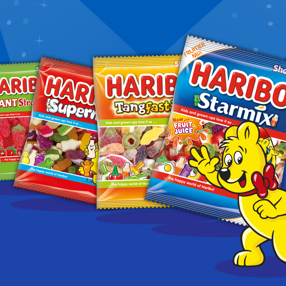 Haribo products on blue background