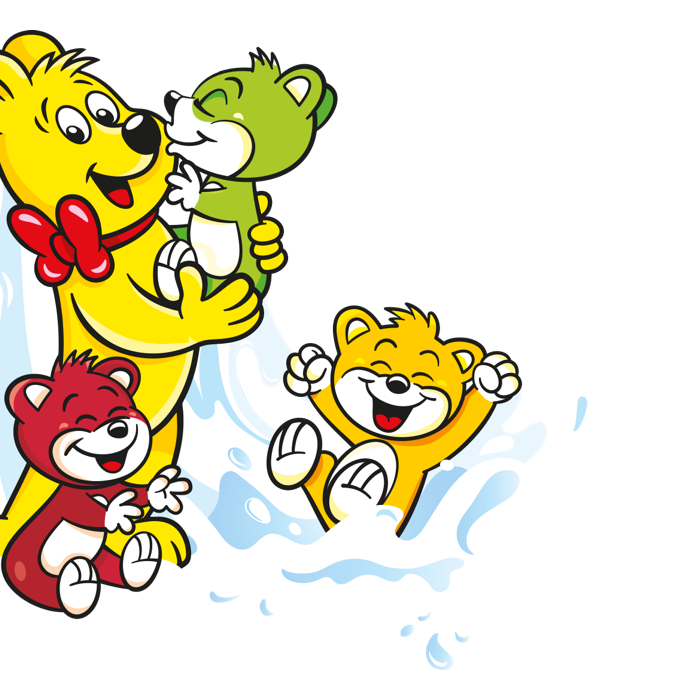 Illustration der Haribo Milchbären Beutel: HARIBO Bär mit bunten Milchbären und spritzender Milch