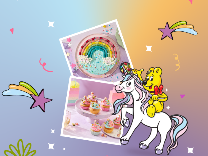 Einhorn Party mit HARIBO: Bunter Verlaufshintergrund in Pastelltönen mit Konfetti, Sternschnuppen und einem Geschenk. Zwei Polaroid-Fotos sind zu sehen – ein Regenbogenkuchen mit türkisem Frosting und bunte Cupcakes auf einer Etagere. Daneben der HARIBO Goldbär, der auf einem Einhorn reitet.