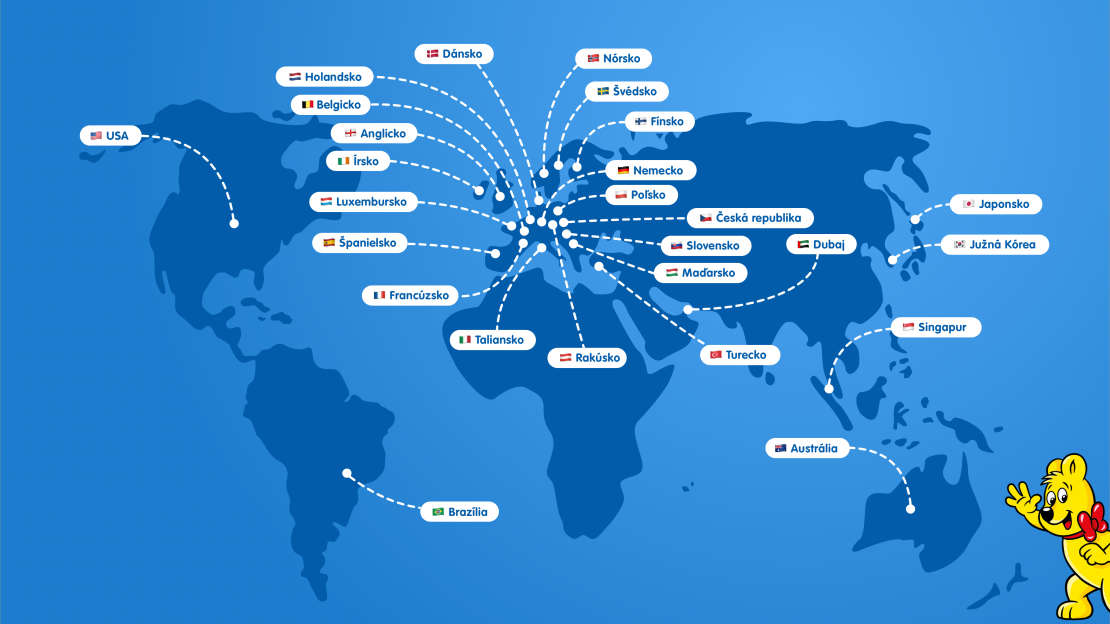 Ilustrovaná mapa so všetkými pobočkami HARIBO po celom svete