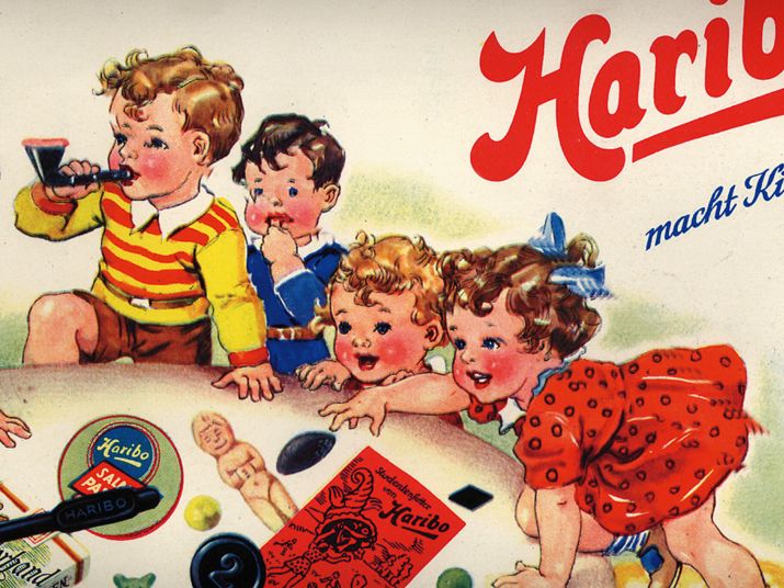 Historic HARIBO advert featuring a drawing of  kids enjoying fruit gums and liquorice specialties.