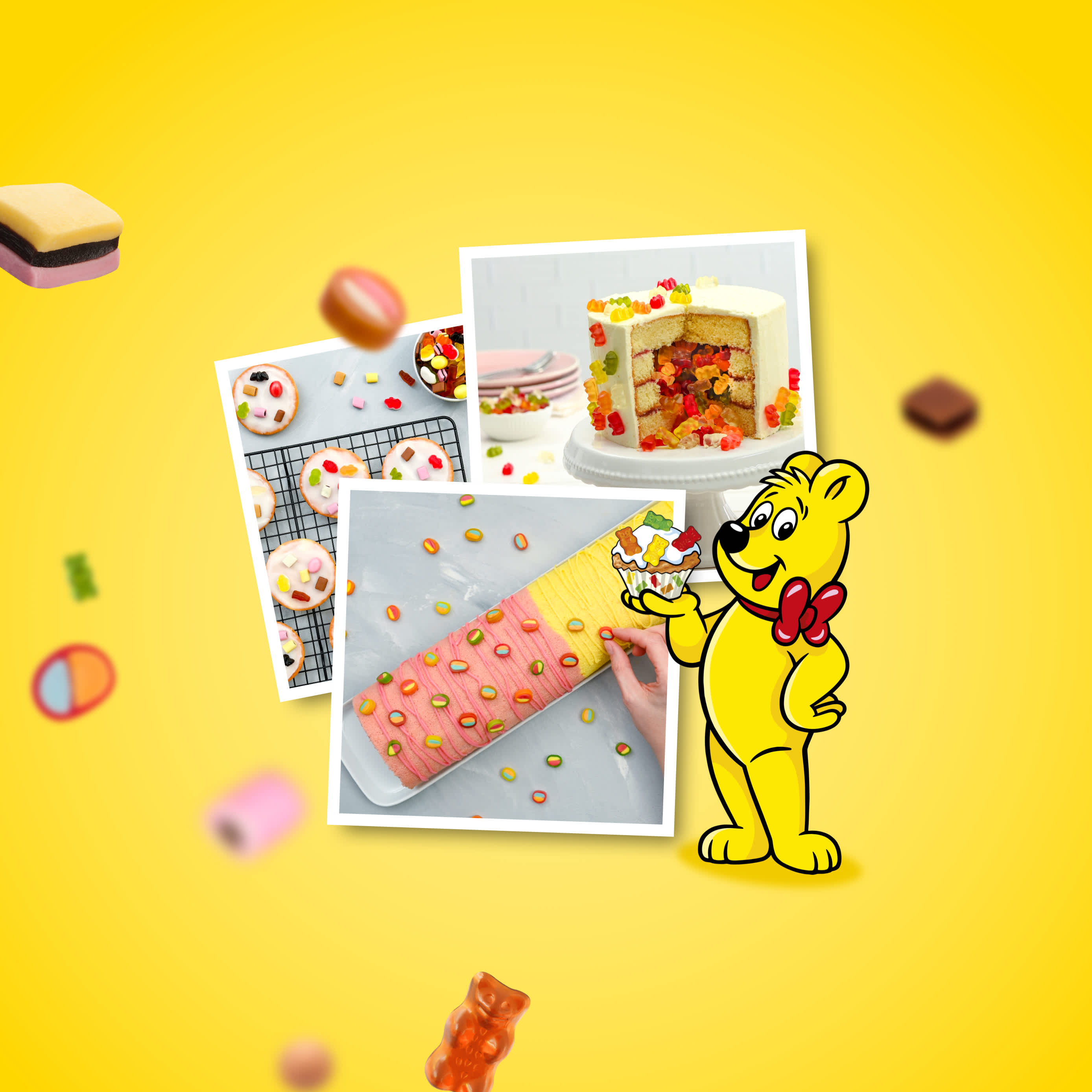 HARIBO Rezeptideen in Polaroids auf gelben Hintergrund mit fliegenden Produktstücken