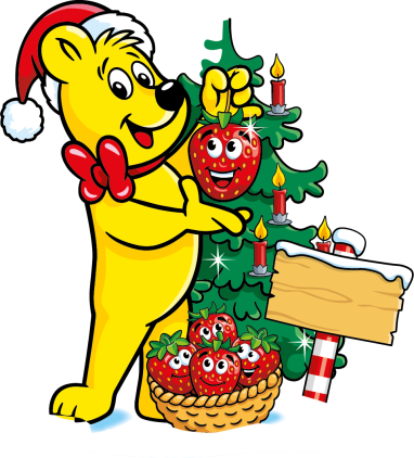 HARIBO Goldbär mit Weihnachtsbaum und Erdbeeren in einem Korb