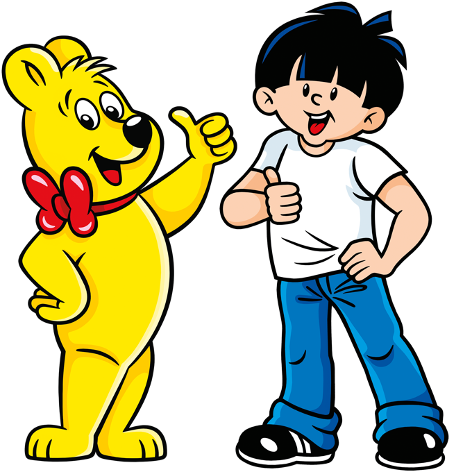 Illustration du sachet Color-Rado : garçon et ours HARIBO tenant le pouce en l'air