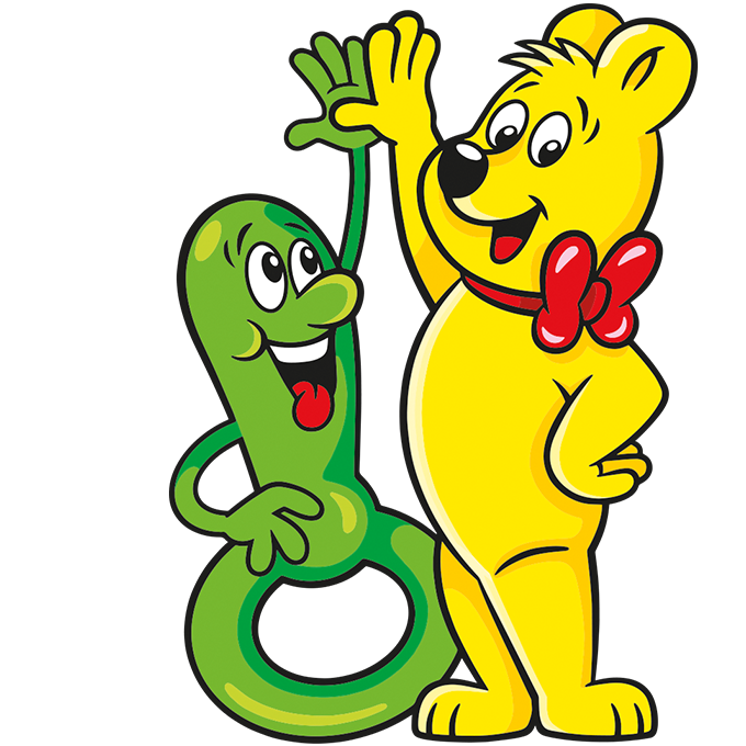 Illustration der Kinder Schnuller Beutel: HARIBO Bär und grüner Schnuller geben sich High Five