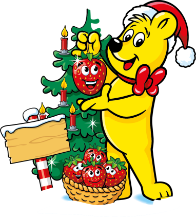 HARIBO Goldbär mit Weihnachtsbaum und Erdbeeren in einem Korb