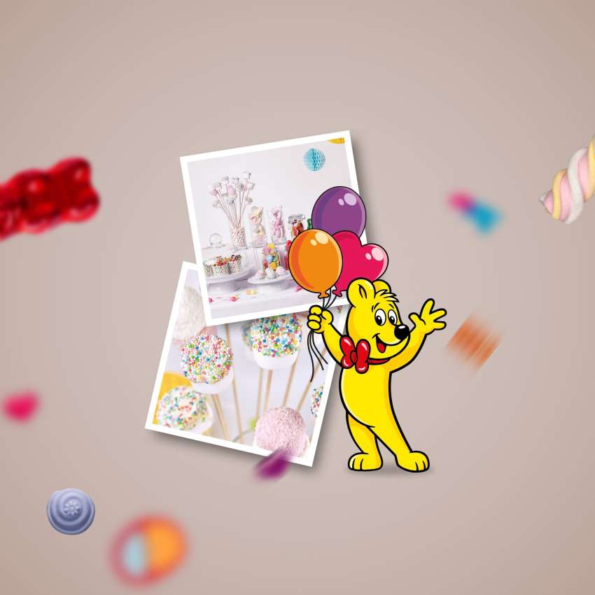 HARIBO Candy Bar Bastelideen in Polaroids auf pastellfarbenem Hintergrund und fliegenden Produktstücken