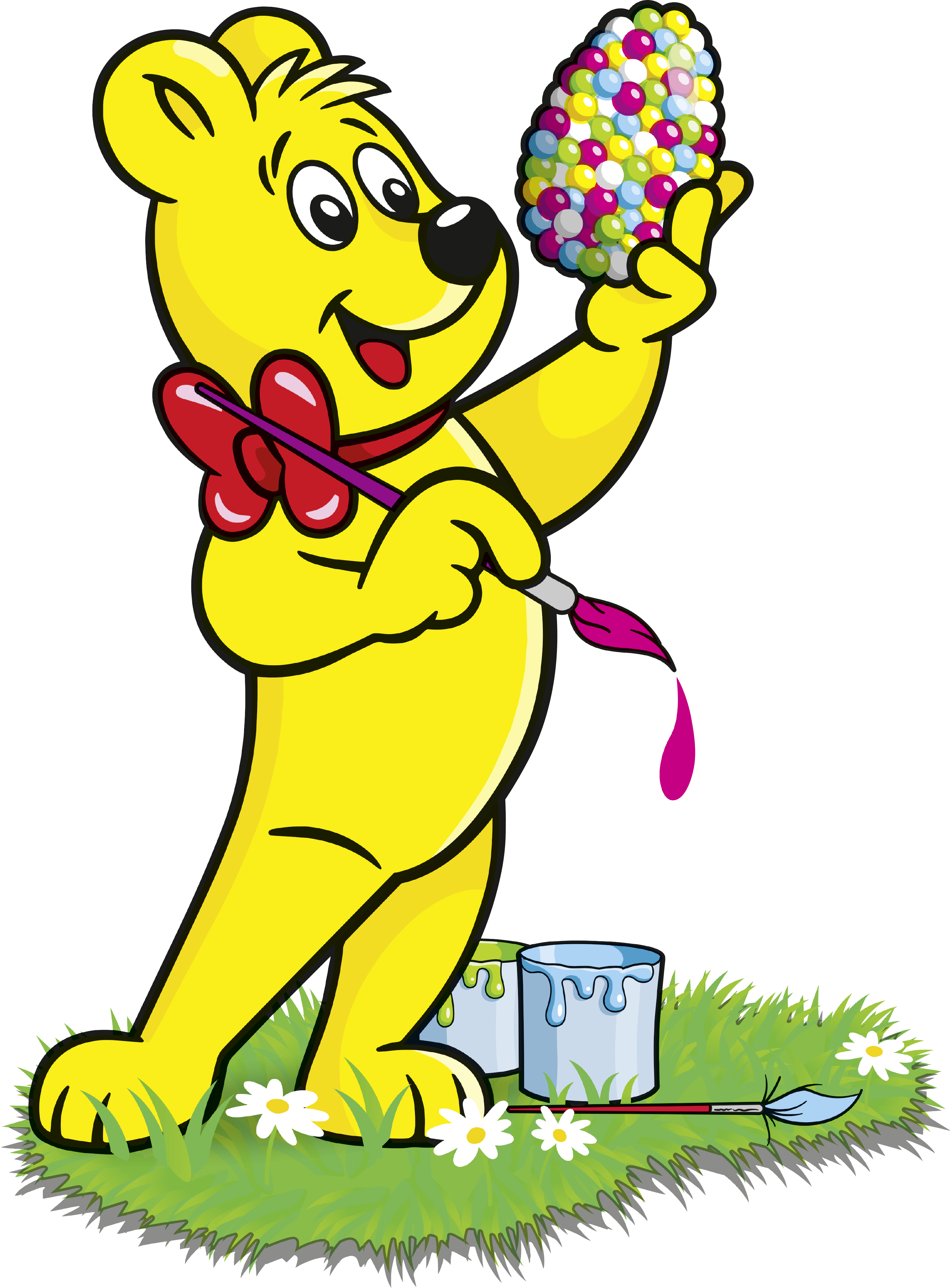 Na obrázku je HARIBO zlatý medvídek, který drží v jedné ruce štětec s barvou a v druhé barevné vajíčko. Pod medvědem jsou kyblíky s barvami..