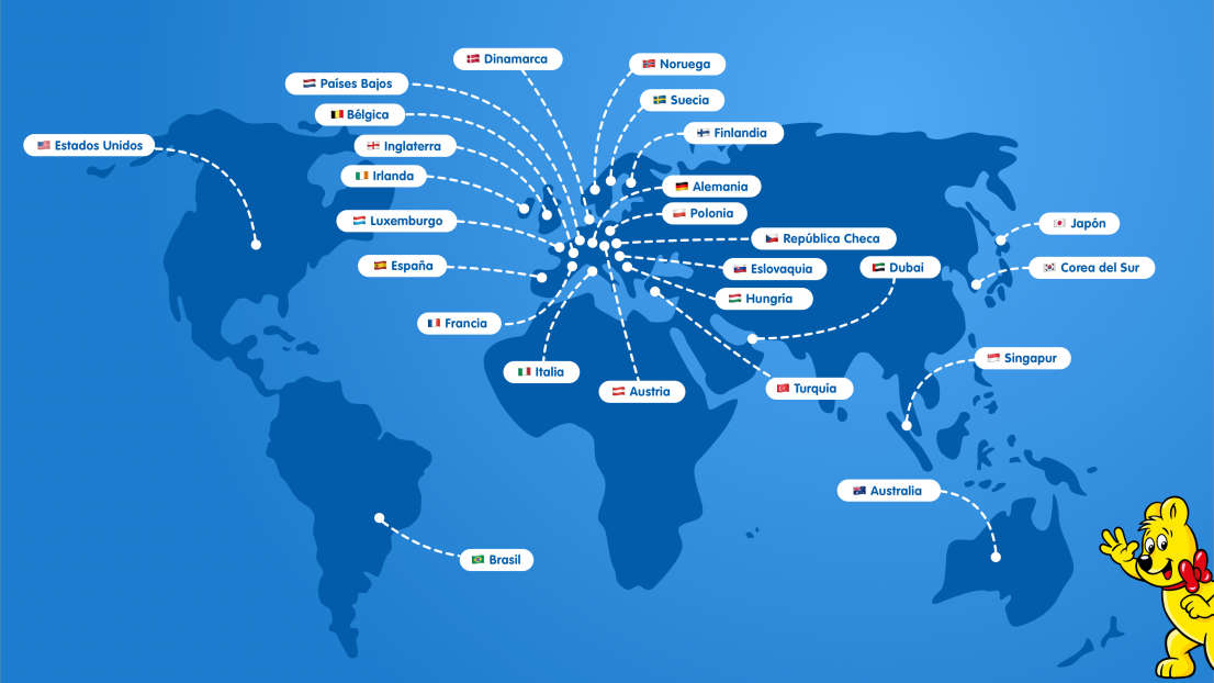 Mapa ilustrado con todas las sucursales HARIBO en todo el mundo