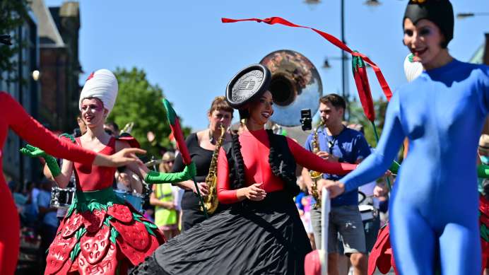 Dancers in HARIBO themed costumes parade around Pontefract