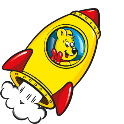Starmix poşetinin illüstrasyonu: HARIBO Altın Ayıcık'ı bir roketin içinde oturuyor