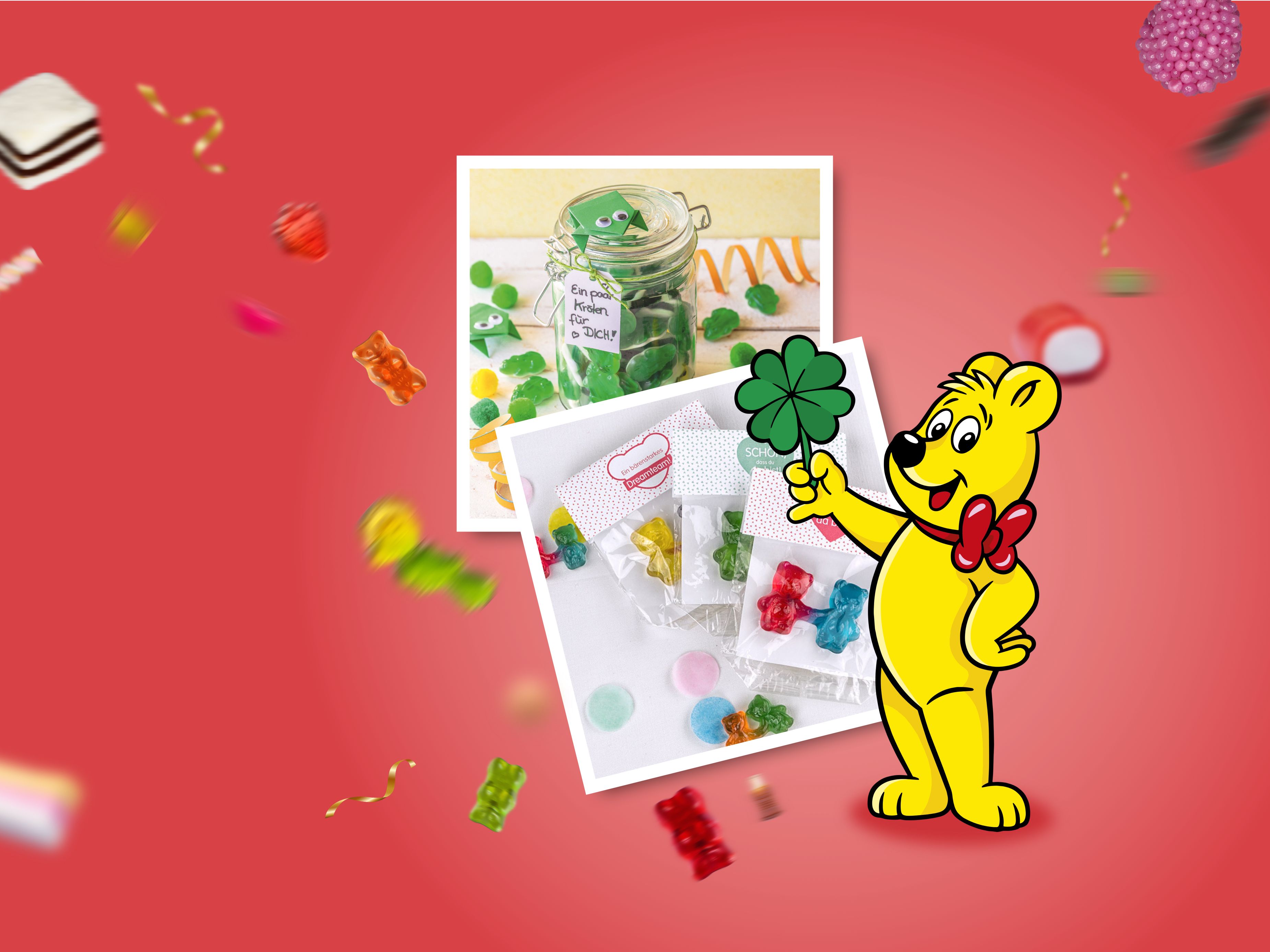 Auf rotem Hintergrund HARIBO Geschenkideen auf Polaroids und Goldbär Illustration
