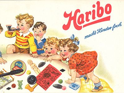 Gezeichnete Abbildung von Kindern die mit HARIBO-Produkten spielen aus den 1950er Jahren