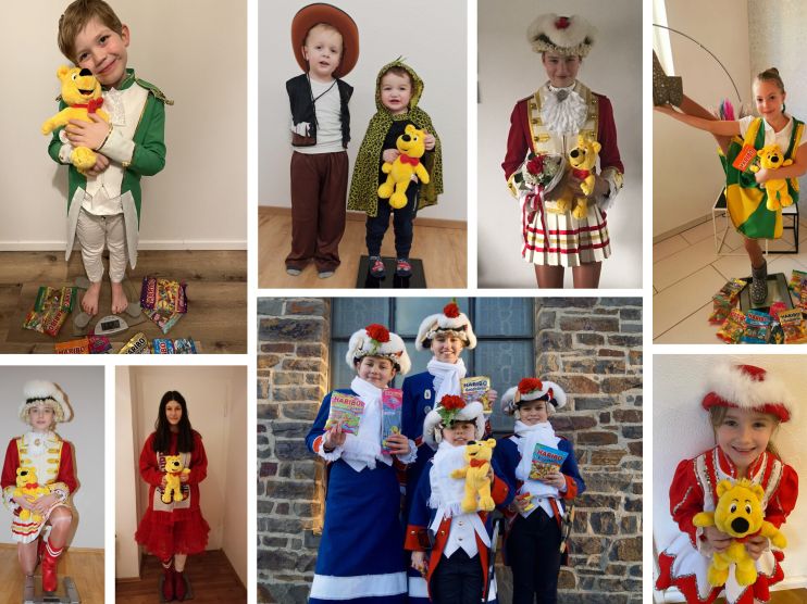 Foto-Collage mit kostümierten Kindern und Plüsch-Goldbären auf Körperwaagen.