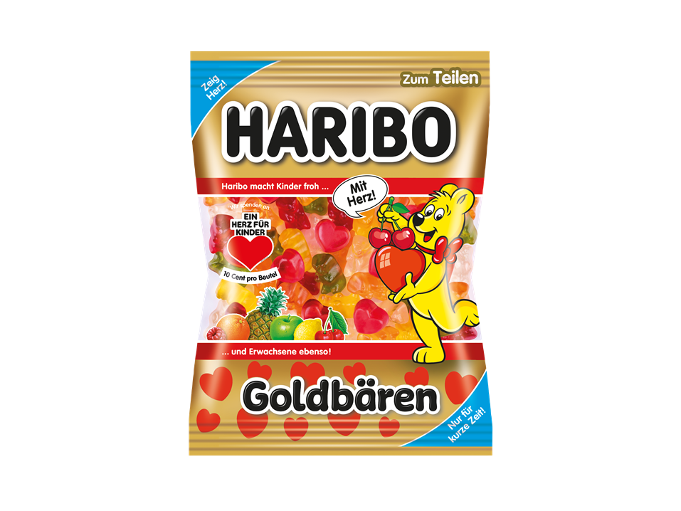 HARIBO Goldbären und Herzen Beutel mit Ein Herz für Kinder Aktion Sticker.